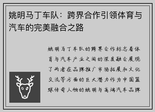 姚明马丁车队：跨界合作引领体育与汽车的完美融合之路